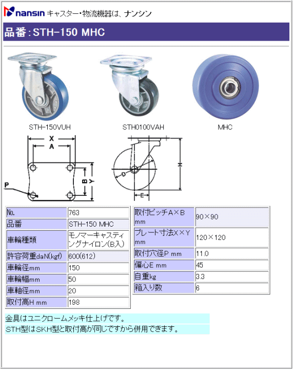 ナンシン キャスター STH-150 MHC モノマーキャスティングナイロン(ベアリング入)車輪 詳細