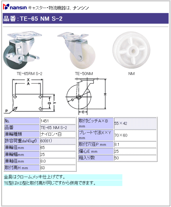 ナンシン キャスター TE-65 NM S-2 ナイロン(白)車輪 ストッパー付 詳細