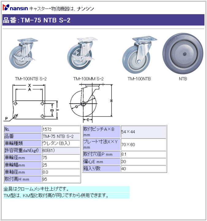 ナンシン キャスター TM-75 NTB S-2 ウレタン(ベアリング入)車輪 ストッパー付 詳細