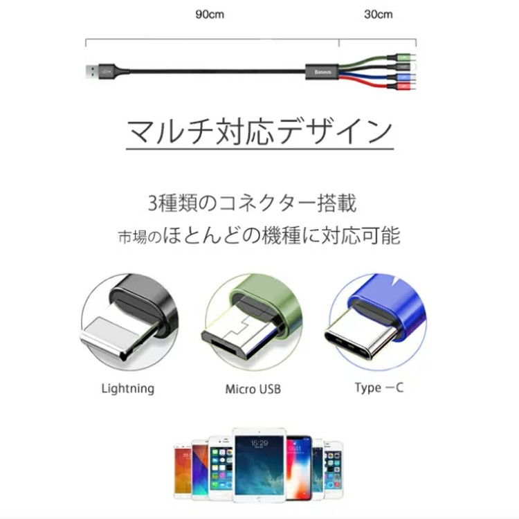 4in1ケーブル ライトニングケーブル Micro USB Type C ケーブル Baseus iPhone 充電ケーブル 3A急速充電 iPhone X XS XR MAX 8 8plus Macbook 1本4役 多機種対応 android 3in,android