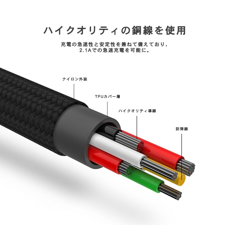 Lightning / Micro USB / USB Type-C 3in1 充電ケーブル 急速充電 ライトニングケーブル microusb typec アルミ コネクタ ナイロン編み スマホ 充電ケーブル ライトニング 2in1 iPhoneX iP