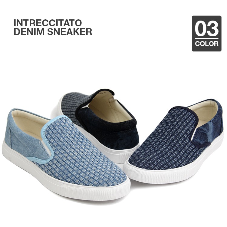 イントレチャートデニムスリッポン,メンズ,スニーカー,カジュアル,デニム,ブラック,編み込み