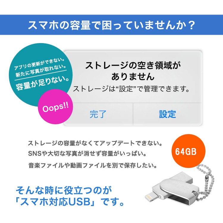 スマホ用,USB,iPhone,iPad,USBメモリー,64GB,Lightning,micro,USB対応,FlashDrive,3in1,大容量,互換,タブレット,Android,PC,i-USB-Storer,変換,Windows,Mac,パソコン,Micro-B変換不要