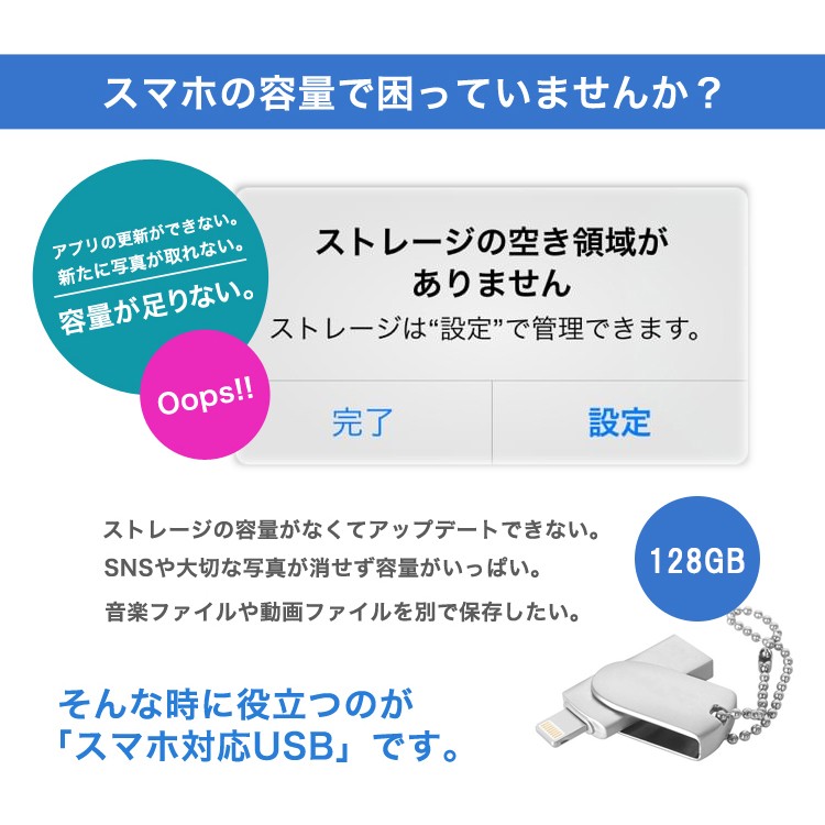 スマホ用,USB,iPhone,iPad,USBメモリー,128GB,Lightning,micro,USB対応,FlashDrive,3in1,大容量,互換,タブレット,Android,PC,i-USB-Storer,変換,Windows,Mac,パソコン,Micro-B変換不要